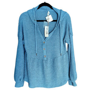 NWT New In Blousy Stretch Waffle Drawstring Long Sleeve Women's Blue Hoodie MED